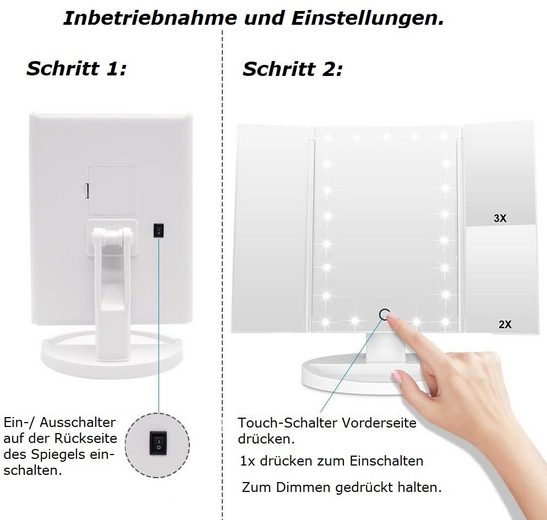 Kosmetikspiegel, Beleuchteter Schminkspiegel, Spiegel mit 1X/ 2X/ 3X Vergrößerung