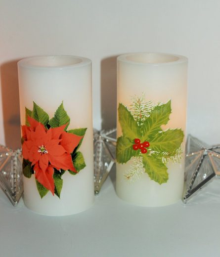 LED-Kerze LED Echtwachskerze Weihnachtsstern und Ilex 2er Set