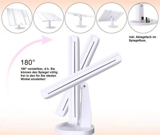 Kosmetikspiegel, Beleuchteter Schminkspiegel, Spiegel mit 1X/ 2X/ 3X Vergrößerung