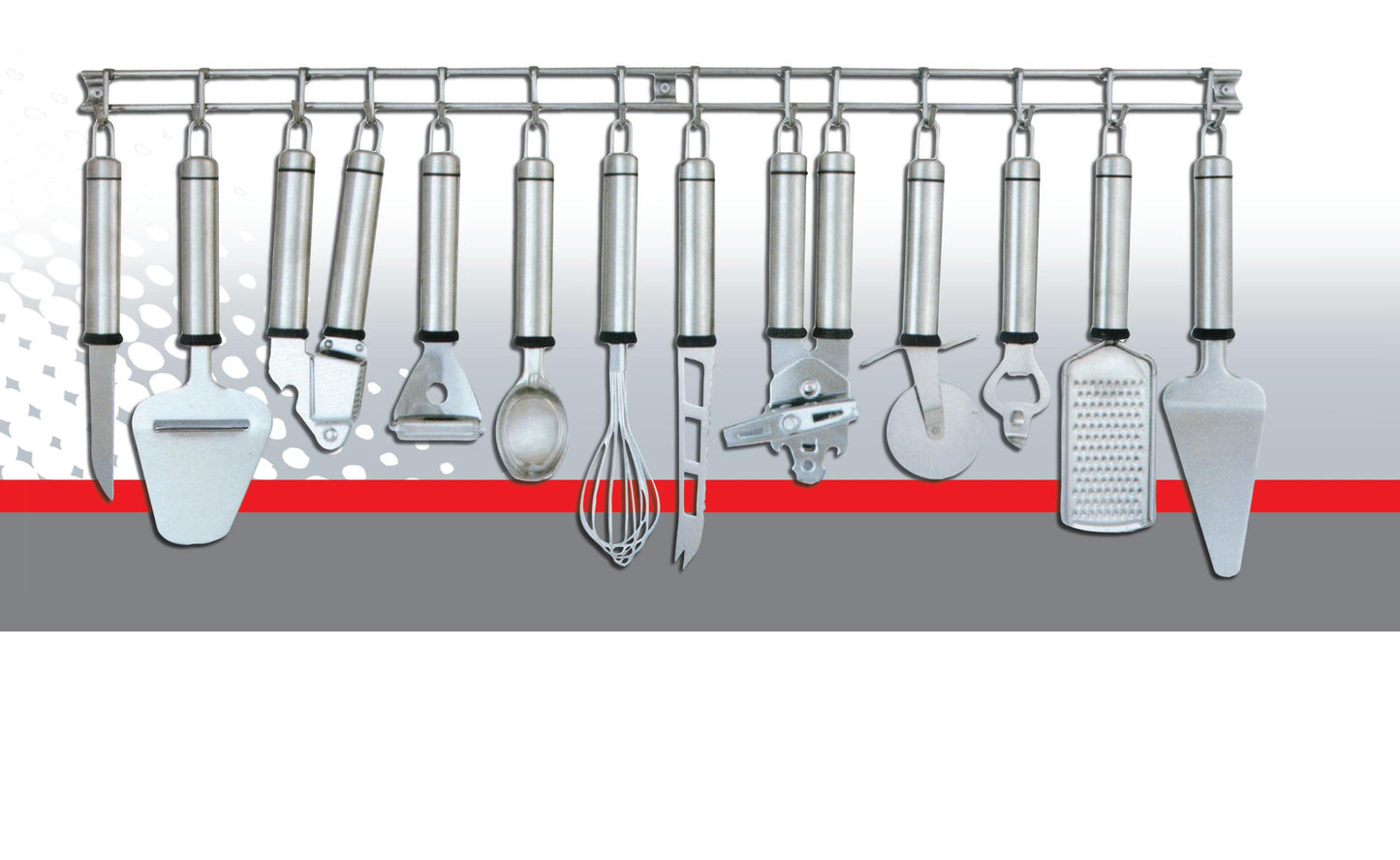 Küchenhelferleiste, 13tlg., Kochutensilien, Knoblauchpresse, Pizzaroller, Edelstahl