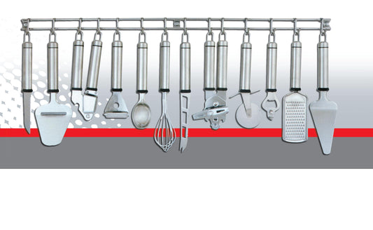 Küchenhelferleiste, 13tlg., Kochutensilien, Knoblauchpresse, Pizzaroller, Edelstahl