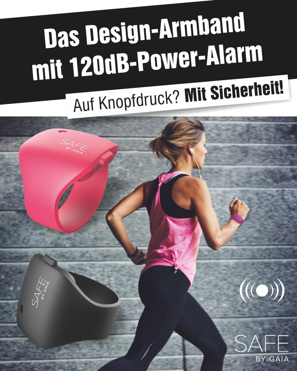 Alarm-Armband "SAFE by GAIA", Wearable, Sportuhr-Design, Sicherheit, 120dB Poweralarm