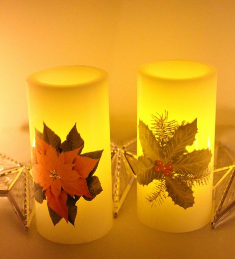 LED-Kerze LED Echtwachskerze Weihnachtsstern und Ilex 2er Set