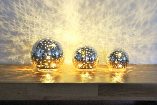LED-Stimmungslichter Sternenglanz, 3er-Set, 10, 13 und 15 cm Durchmesser, mit Timer, Spiegelglanz-Finish.