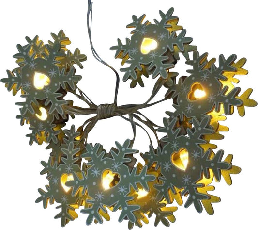 LED Lichterkette Holz "Schneeflocken", Naturmaterial, Weihnachtsdekoration, Winterbeleuchtung