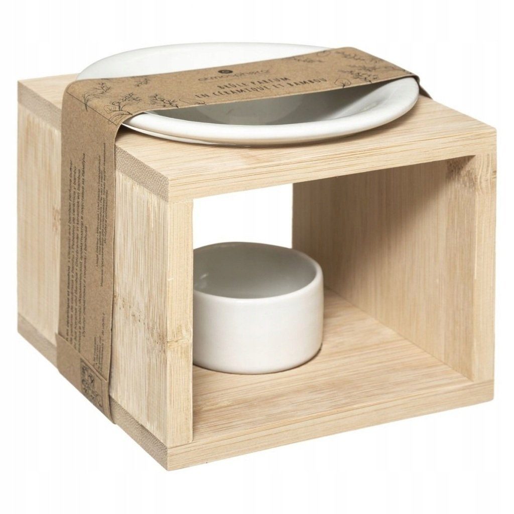 Teelichthalter Duftlampe aus Keramik und Bambus-Holz, Höhe 9,5 cm, Farbe Braun/Weiß