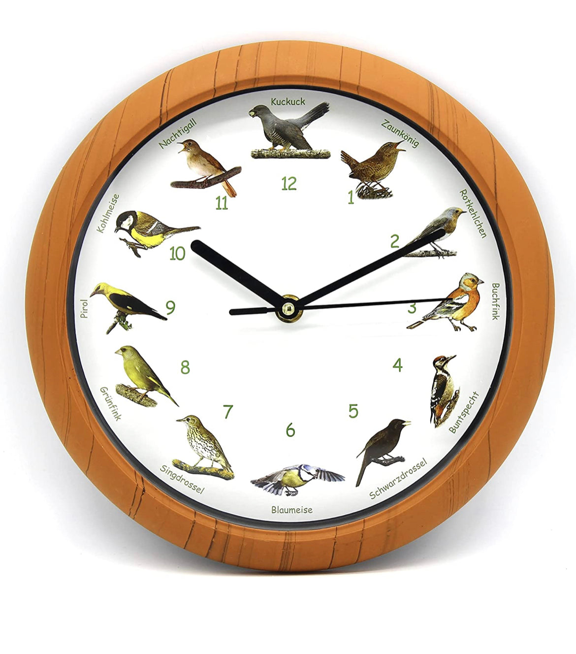 Wanduhr "Vogelstimmen", 25 cm Durchmesser, 12 heimische Vögel zur vollen Stunde.